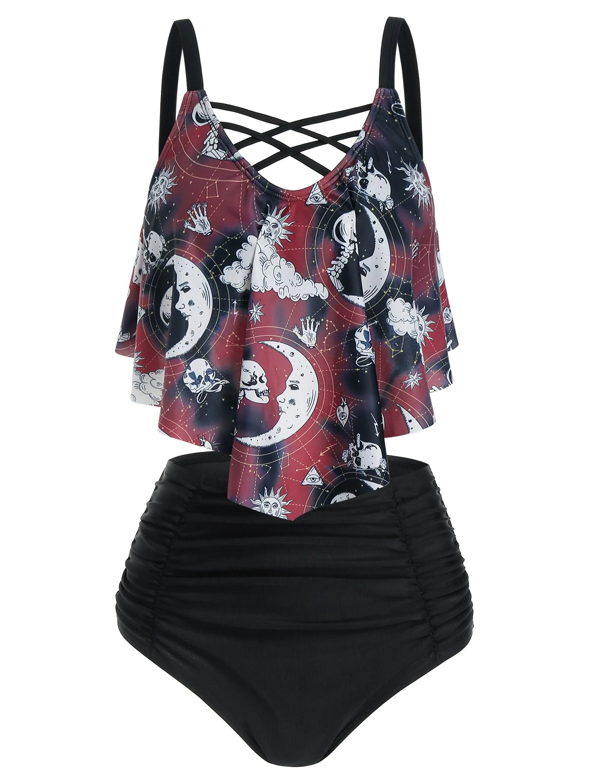 Skull Moon Sun Print Crisscross Ruched Padded Tankini Swimwear