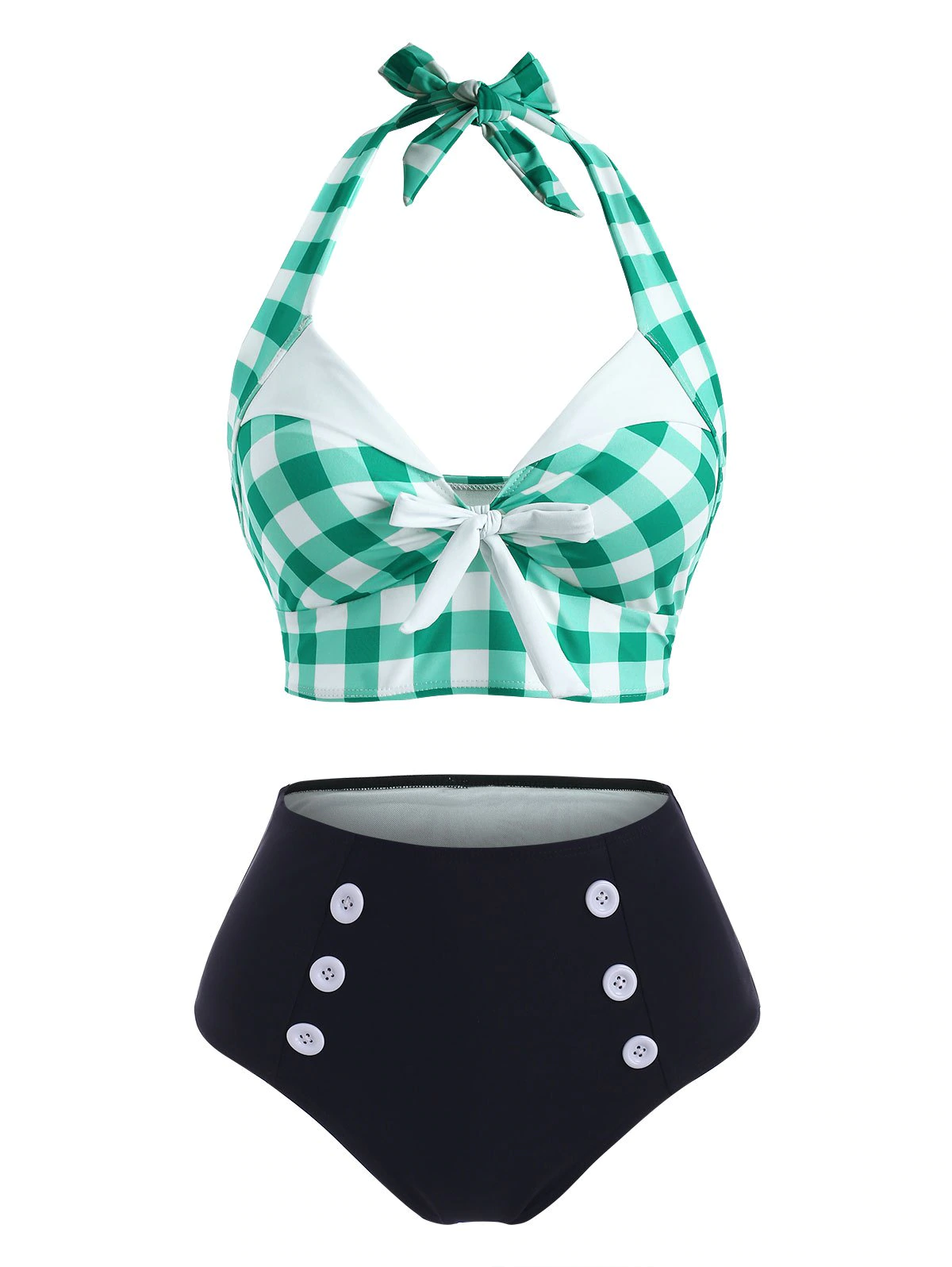 Gingham Mock Button Halter Bowknot Tankini Swimwear