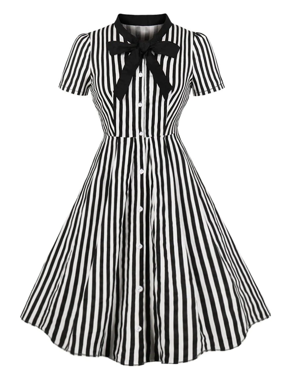 Plus Size Pussy Bow Striped Button Up Shirt Dress