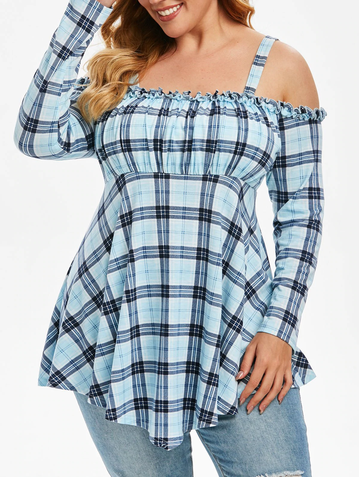 Plus Size Cold Shoulder Plaid Asymmetric Blouse