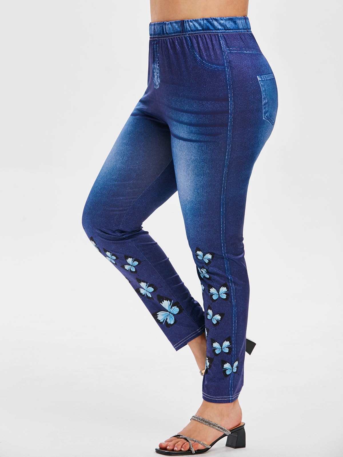 Plus Size High Waist Butterfly 3D Denim Print Jeggings