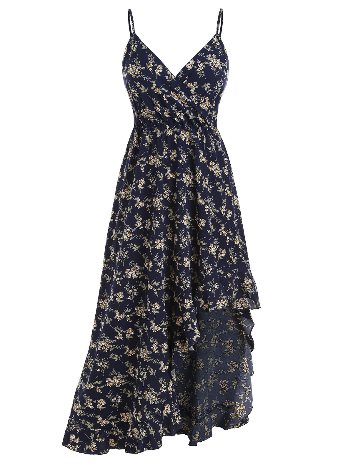 Floral Flounce Asymmetrical Surplice Cami Dress