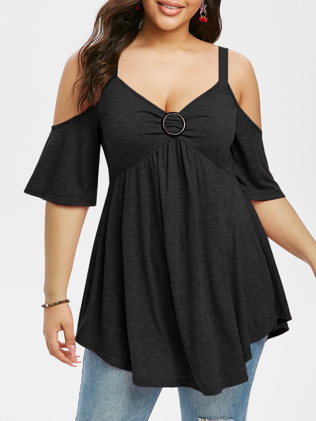 Plus Size Cold Shoulder Knot Half Sleeve Tee