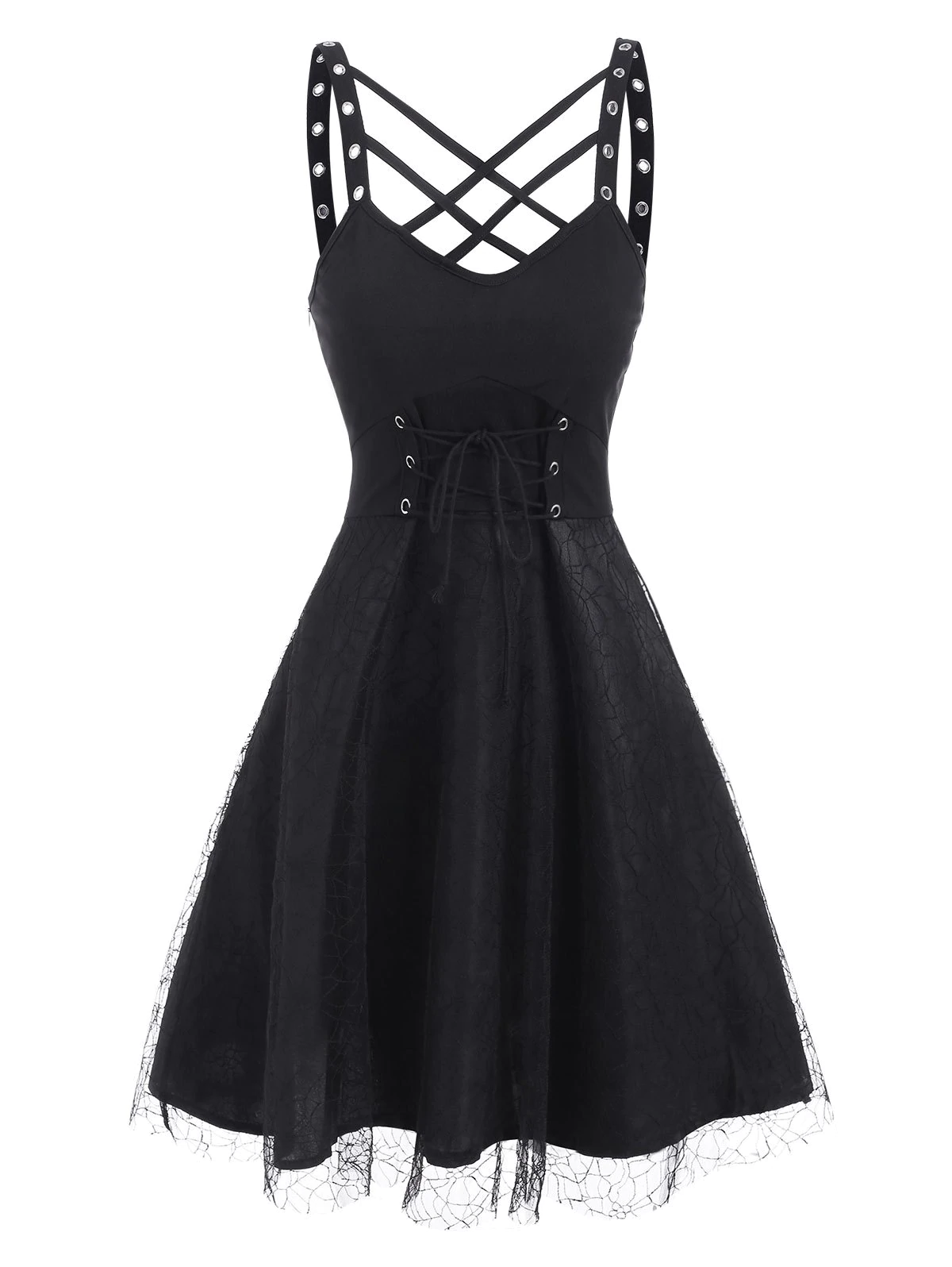 Lattice Grommets Lace-up Mesh Overlay Dress