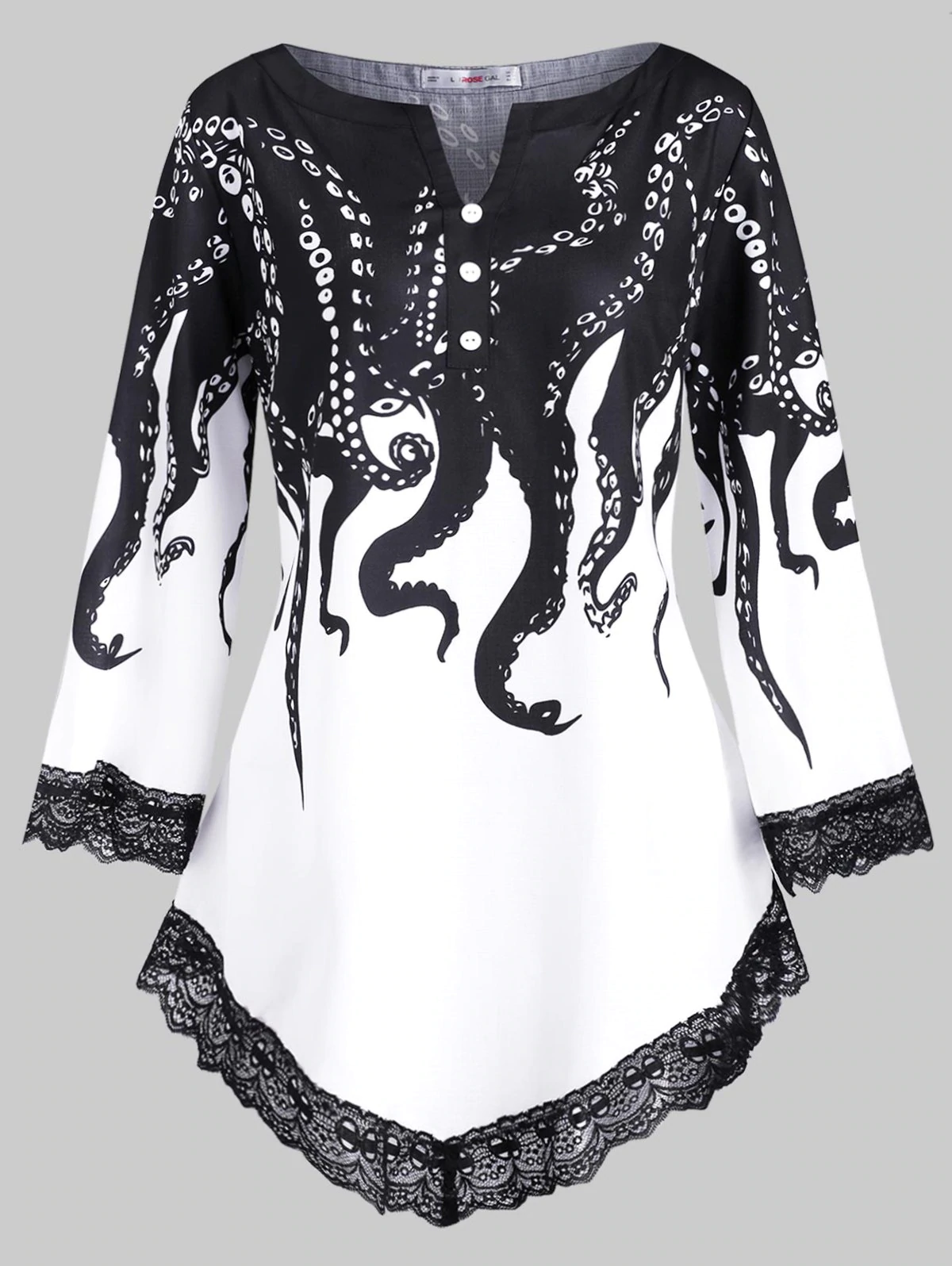 Scalloped Lace Trim Octopus Print V-notched Plus Size Blouse