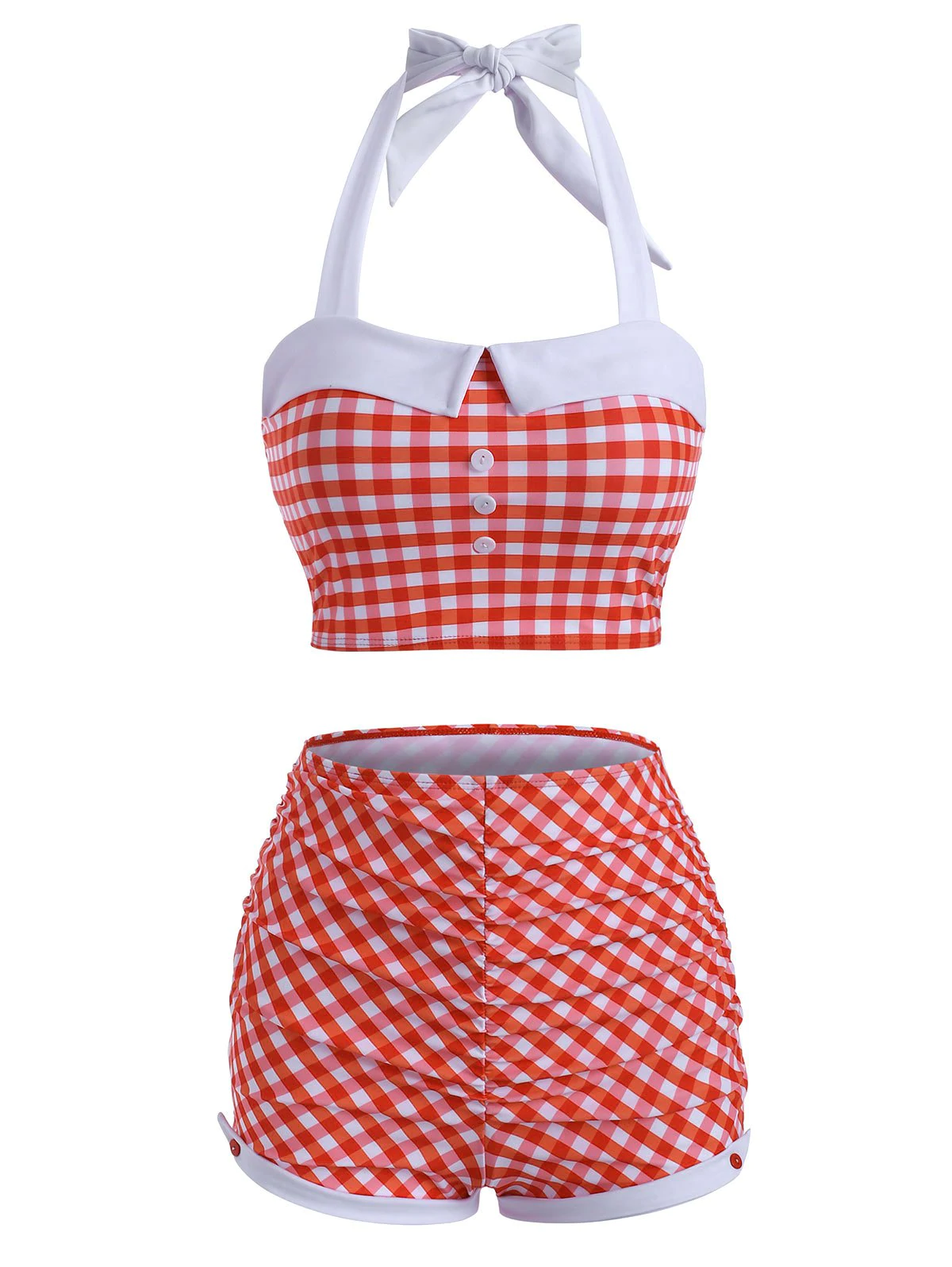 Vintage Halter Gingham Ruched Tankini Swimwear