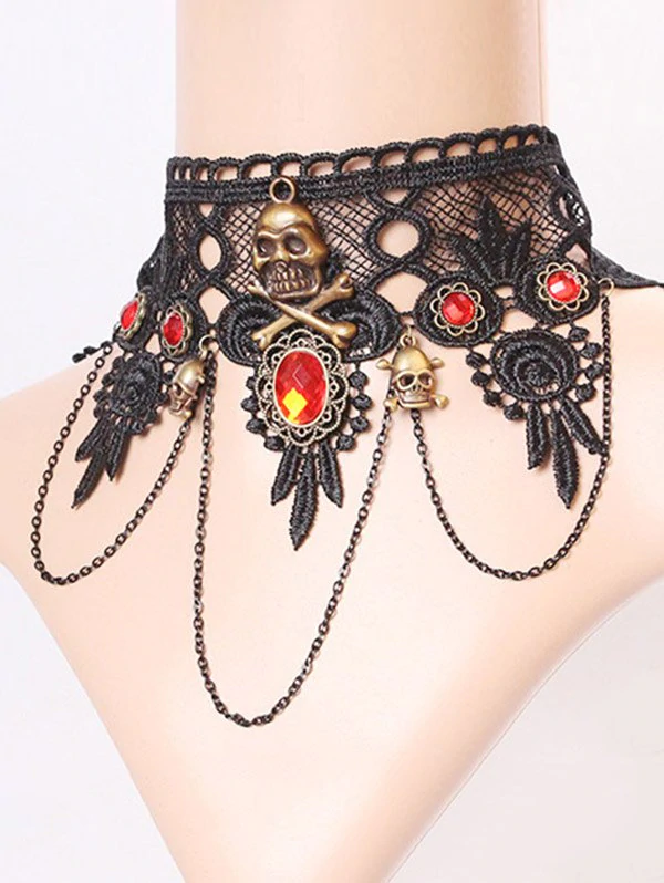 Halloween Lace Chain Rhinestone Skull Choker Necklace