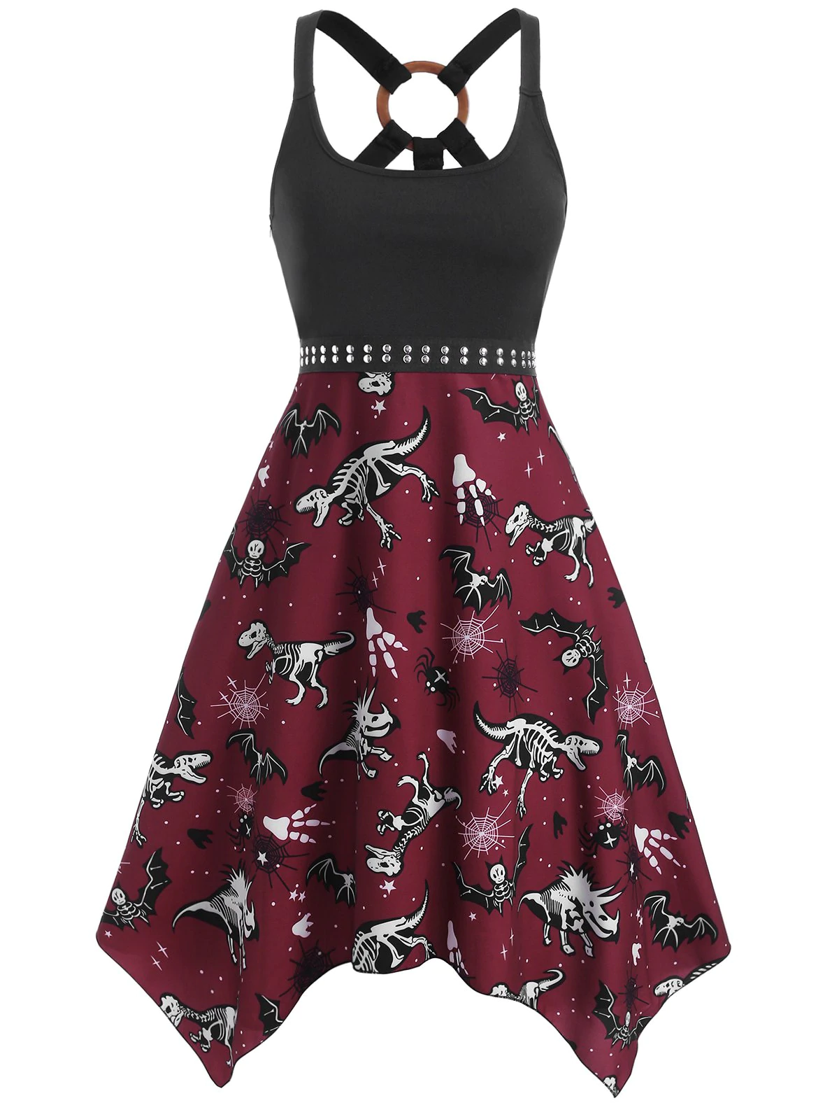 O Ring Dinosaur Bat Skeleton Print Handkerchief Dress