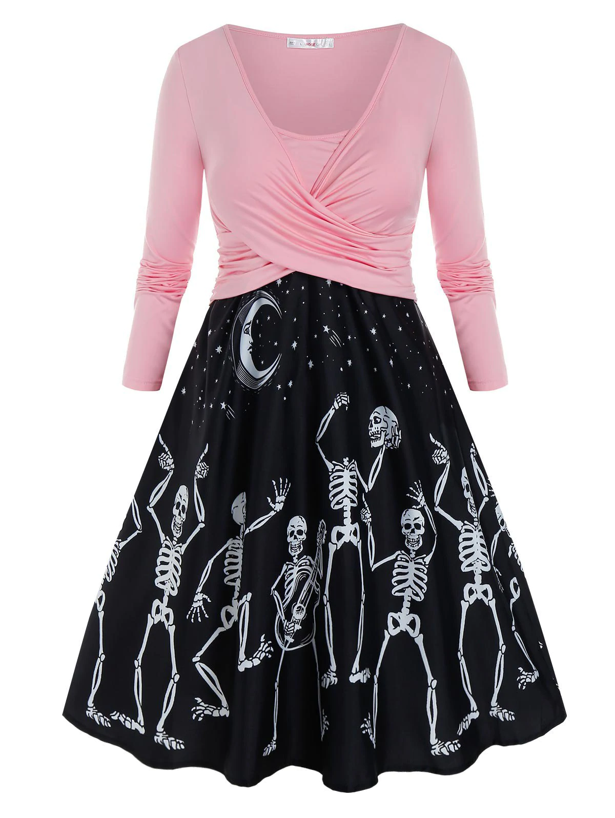 Plus Size Crossover Skeleton Moon and Star Long Sleeve Dress