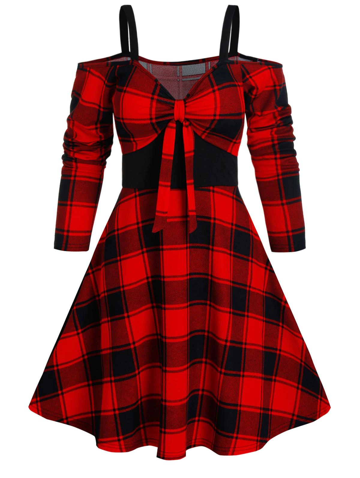 Plaid Print Cold Shoulder Knotted Flare Dress