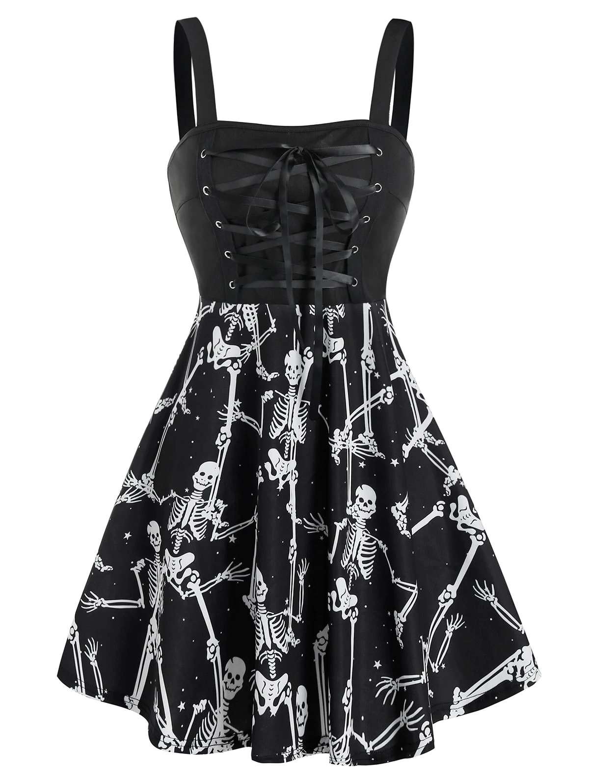 Halloween Skeleton Print Lace-up Sleeveless Skater Dress