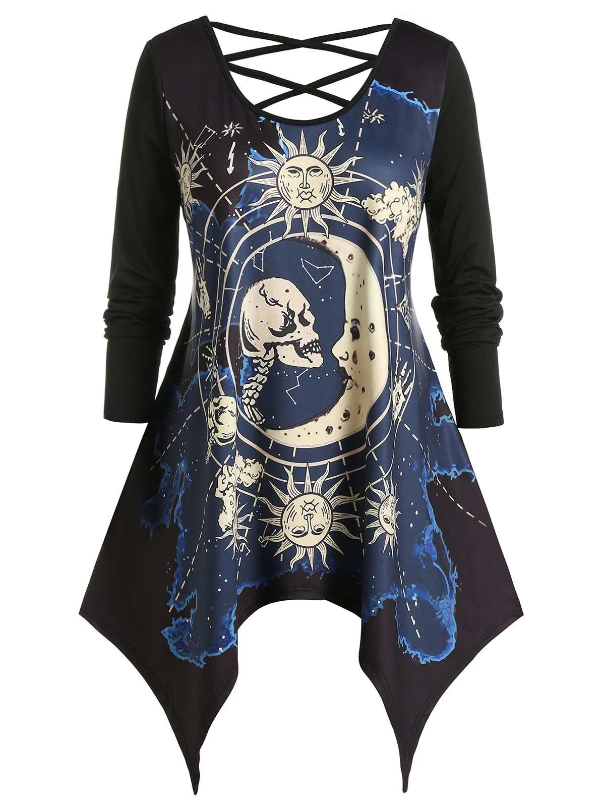 Plus Size Skull Moon And Sun Long Sleeve Handkerchief Tee