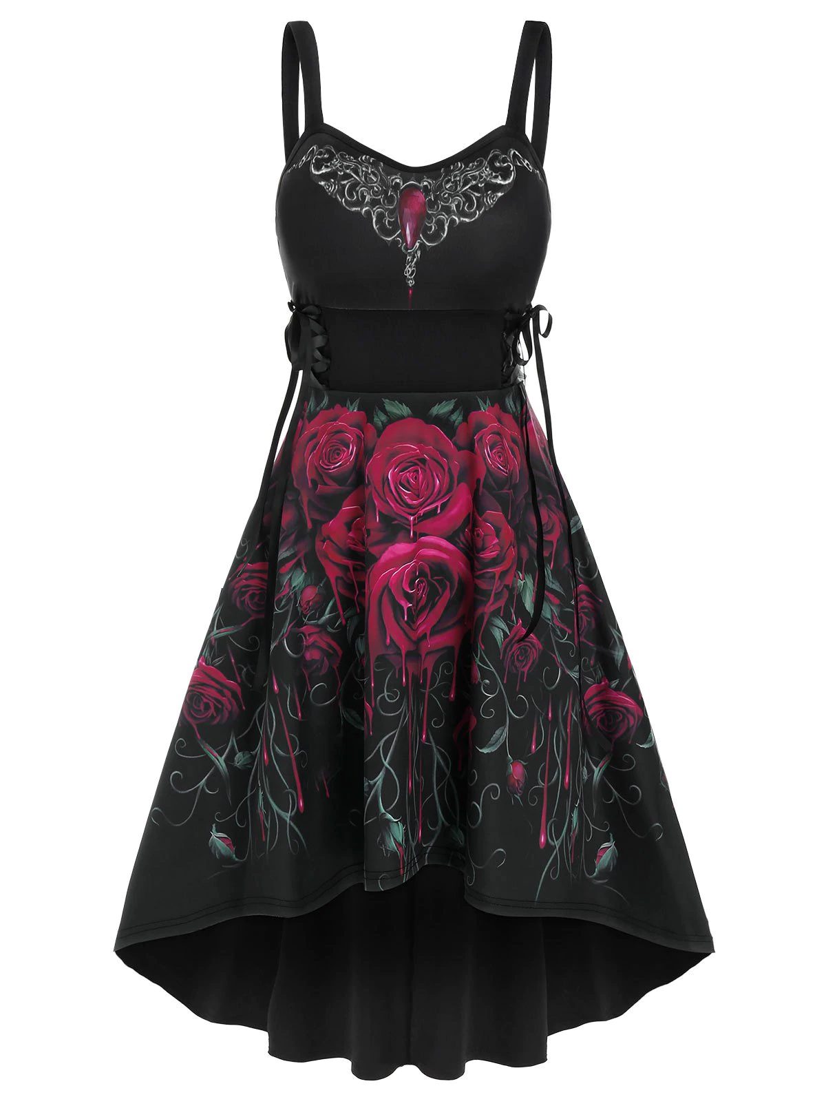 Sleeveless Flower Print Lace-up High Low Gothic Dress