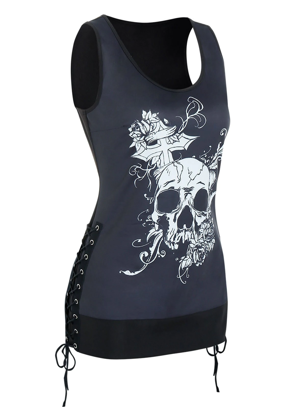 Skull Graphic Side Lace Up Gothic Tank Top