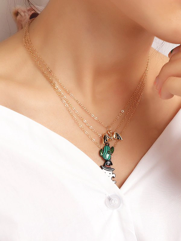 Halloween Cactus Ghost Bat Layers Necklace