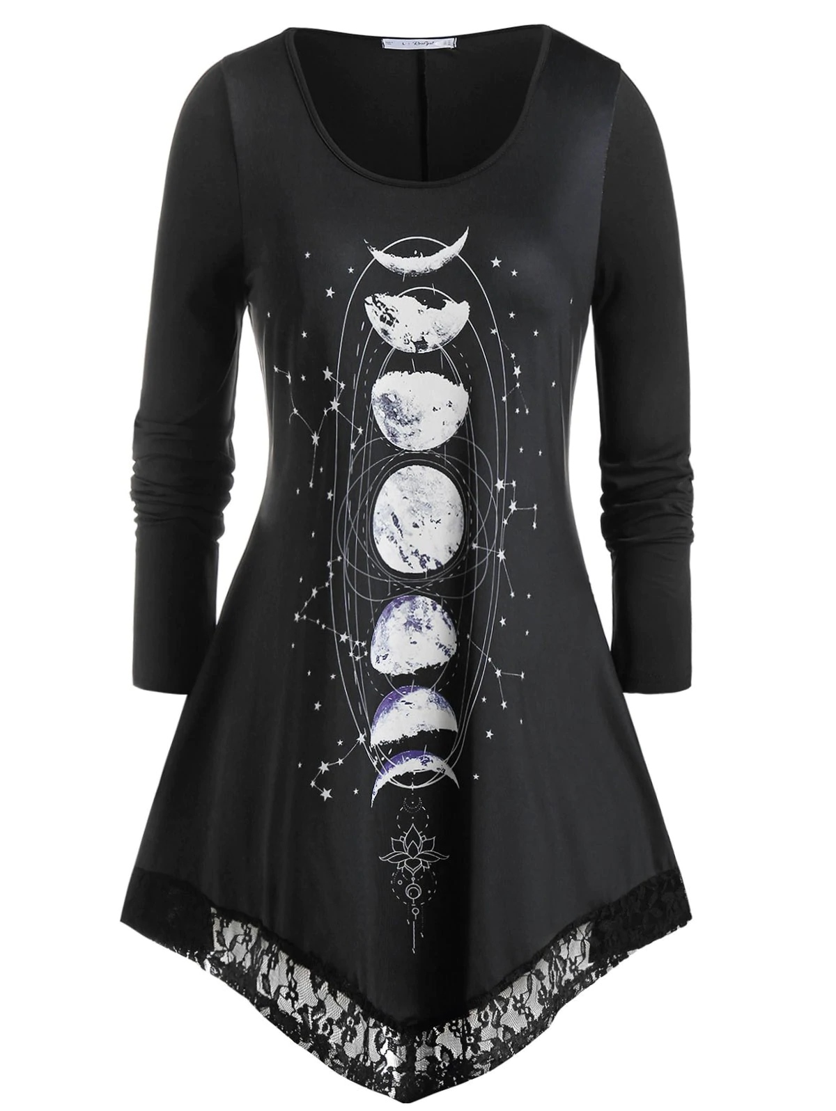 Plus Size Moon Eclipse Lace Hem Long Sleeve Tee