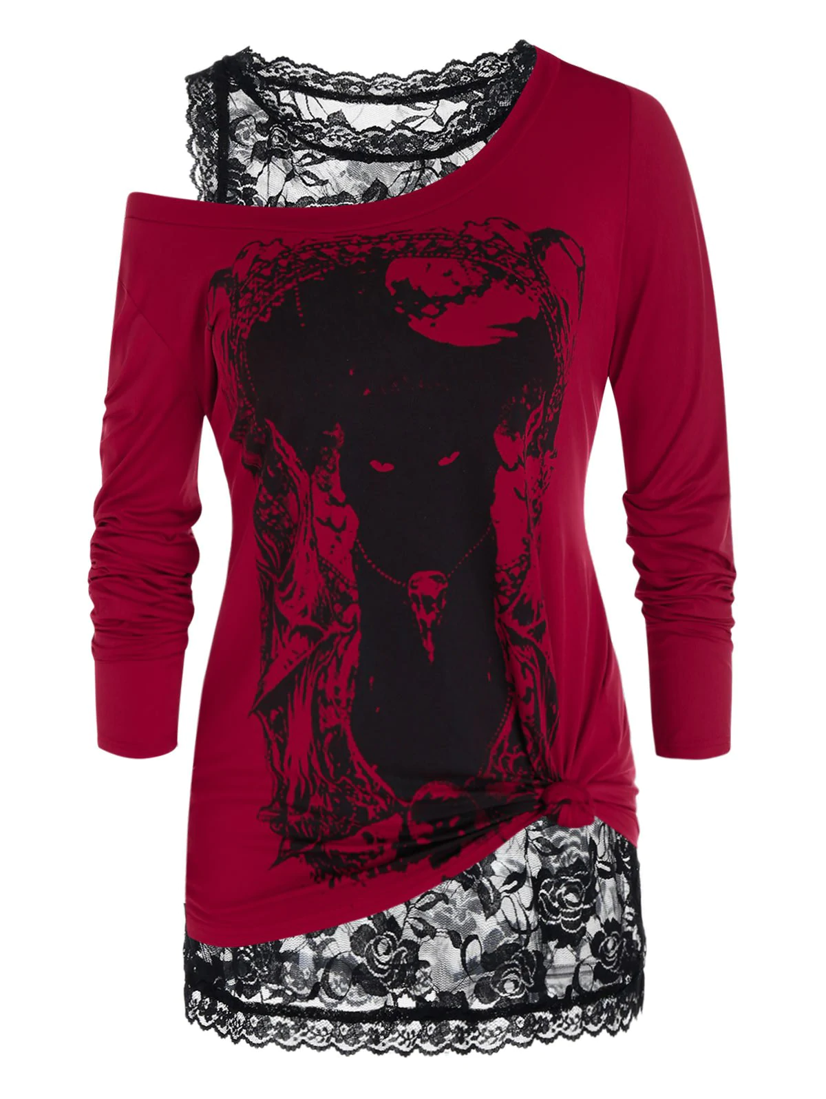 Plus Size Halloween Print Long Sleeve T-shirt and Lace Tank Top 