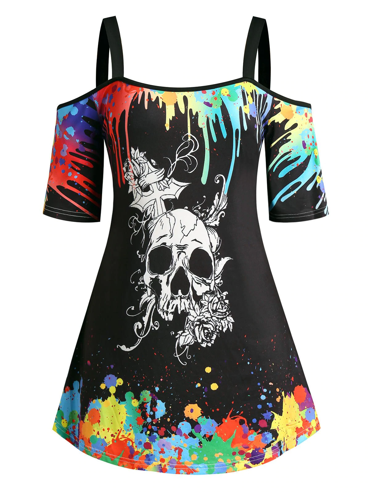 Plus Size Splatter Paint Halloween Skull Open Shoulder Tee