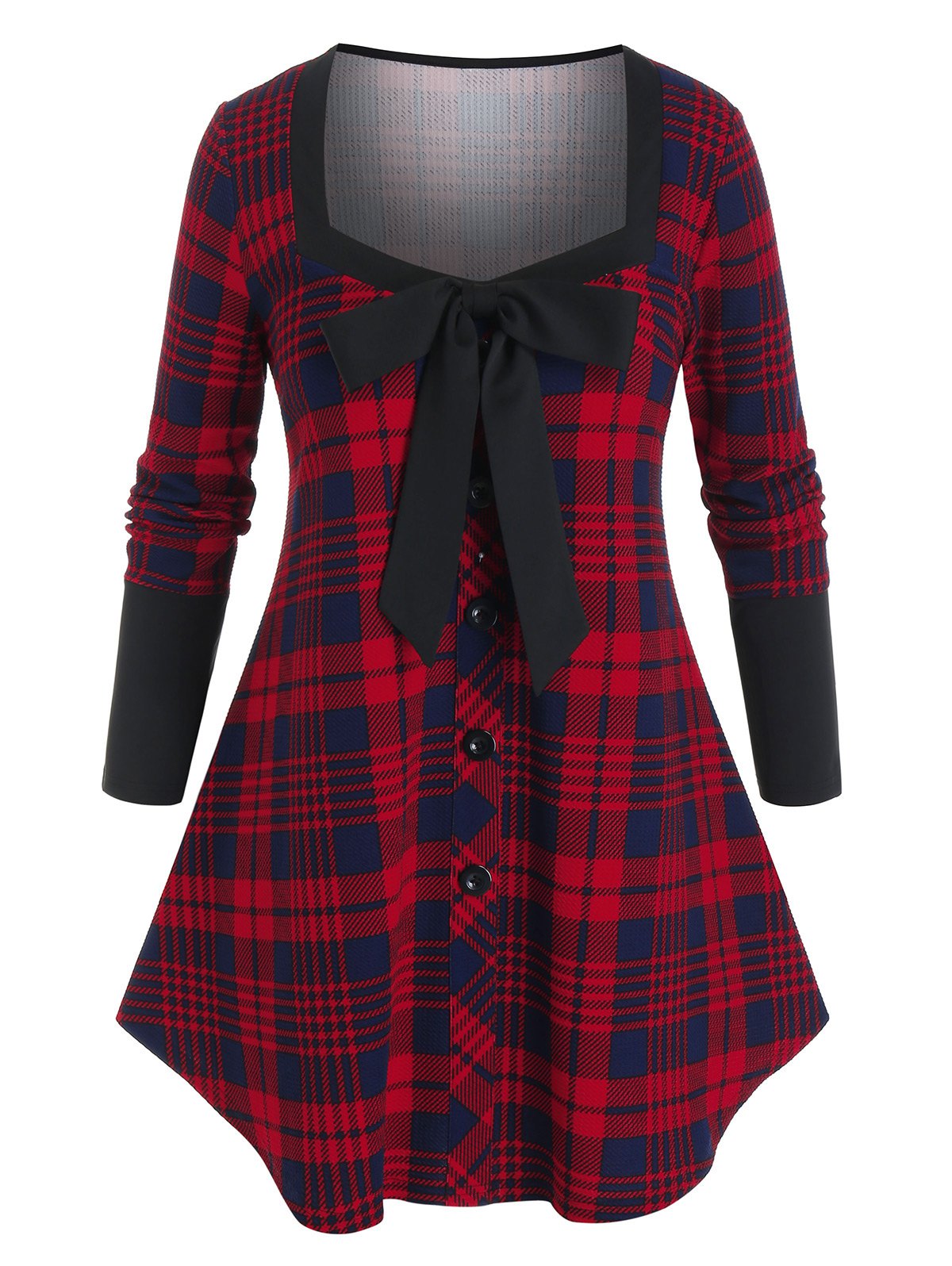 Plus Size Bowknot Plaid Buttoned Long Sleeve Tee