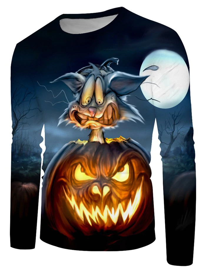 Halloween Cat Pumpkin Graphic Crew Neck Casual T Shirt