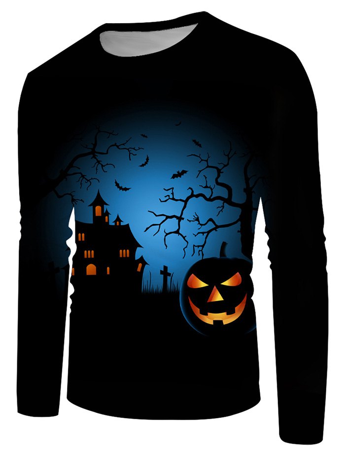 Halloween Night Pumpkin Graphic Crew Neck Casual T Shirt