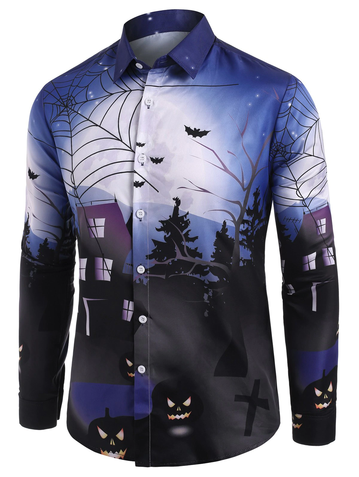 Halloween Bat Print Button Up Long Sleeve Shirt