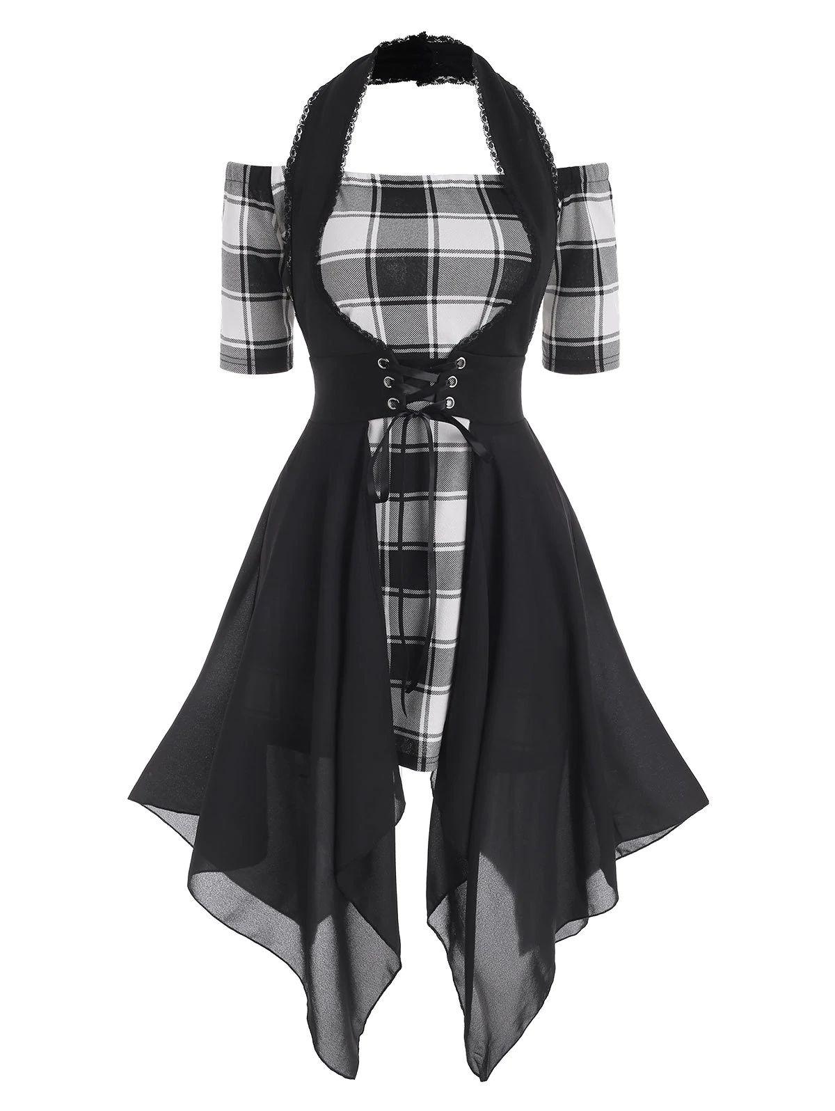 Plaid Off Shoulder Dress with Lace Up Halter Vest