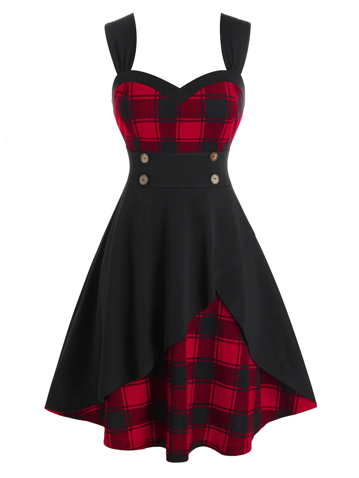 Plus Size Plaid Buttoned Overlap Vintage Dress