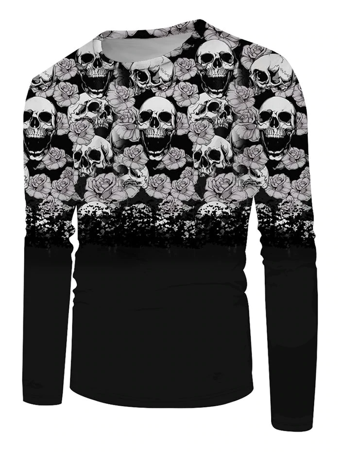 Halloween Flowers Skull Print Long Sleeve T-shirt