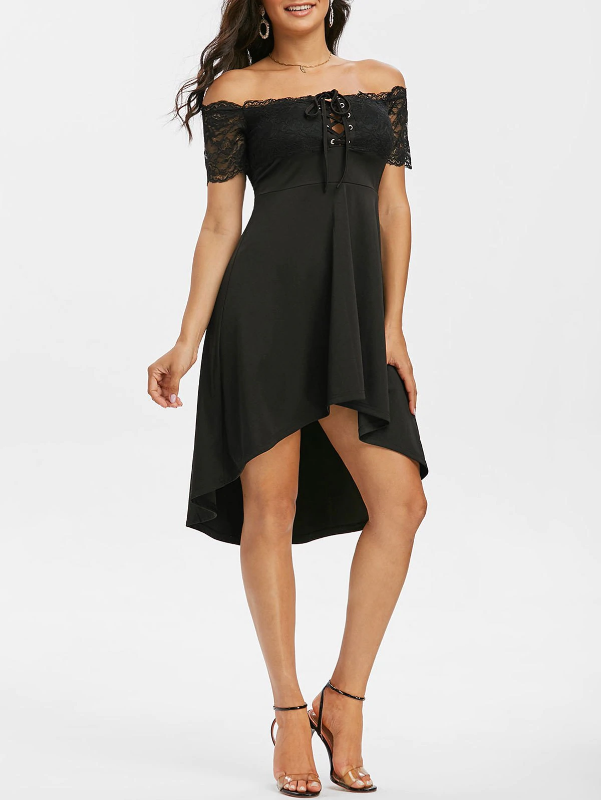 Off The Shoulder Lace Insert High Low Dress