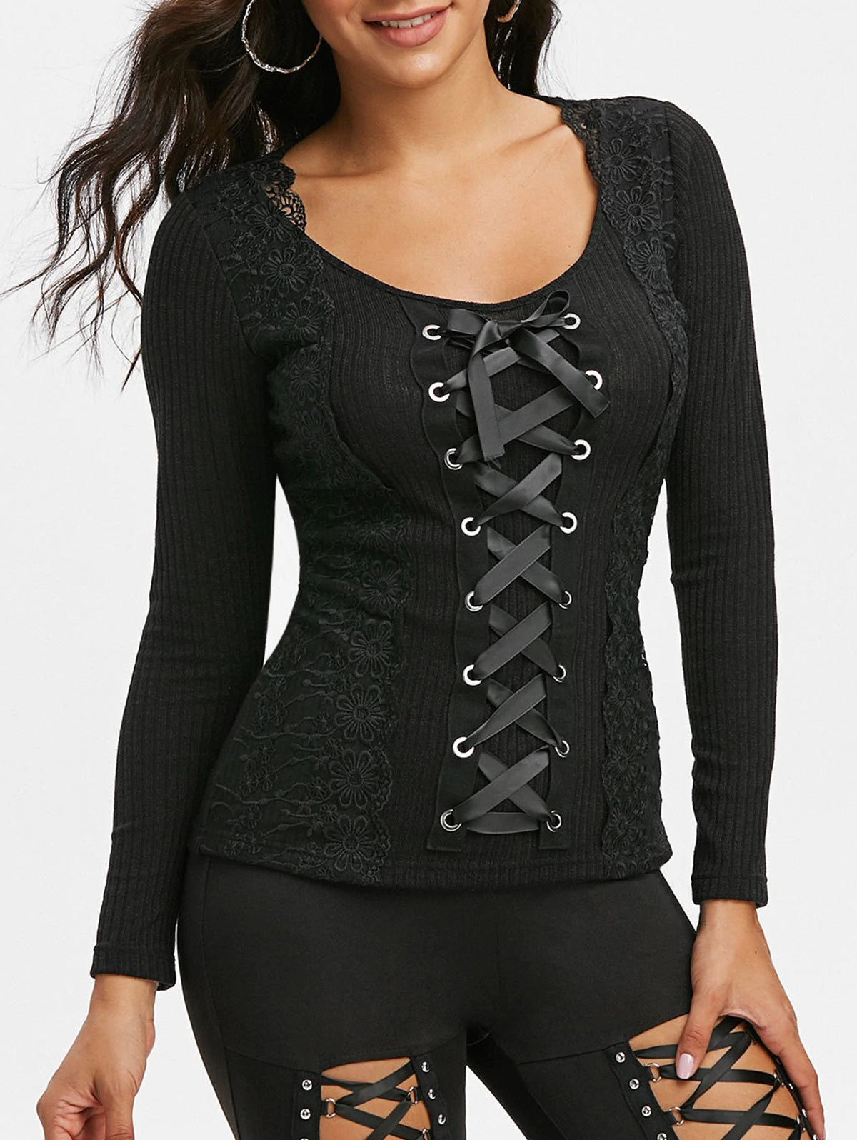 Flower Lace Ribbed Lace-up Knitwear