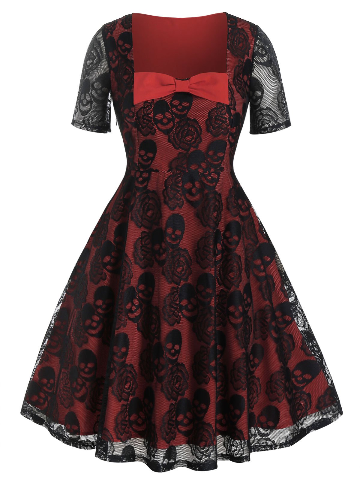 Plus Size Flower Skull Lace Bowknot Vintage Dress