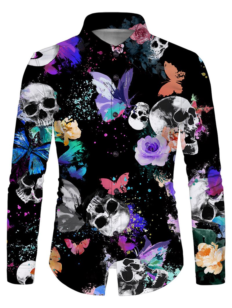 Skull Butterfly Print Button Up Long Sleeve Shirt