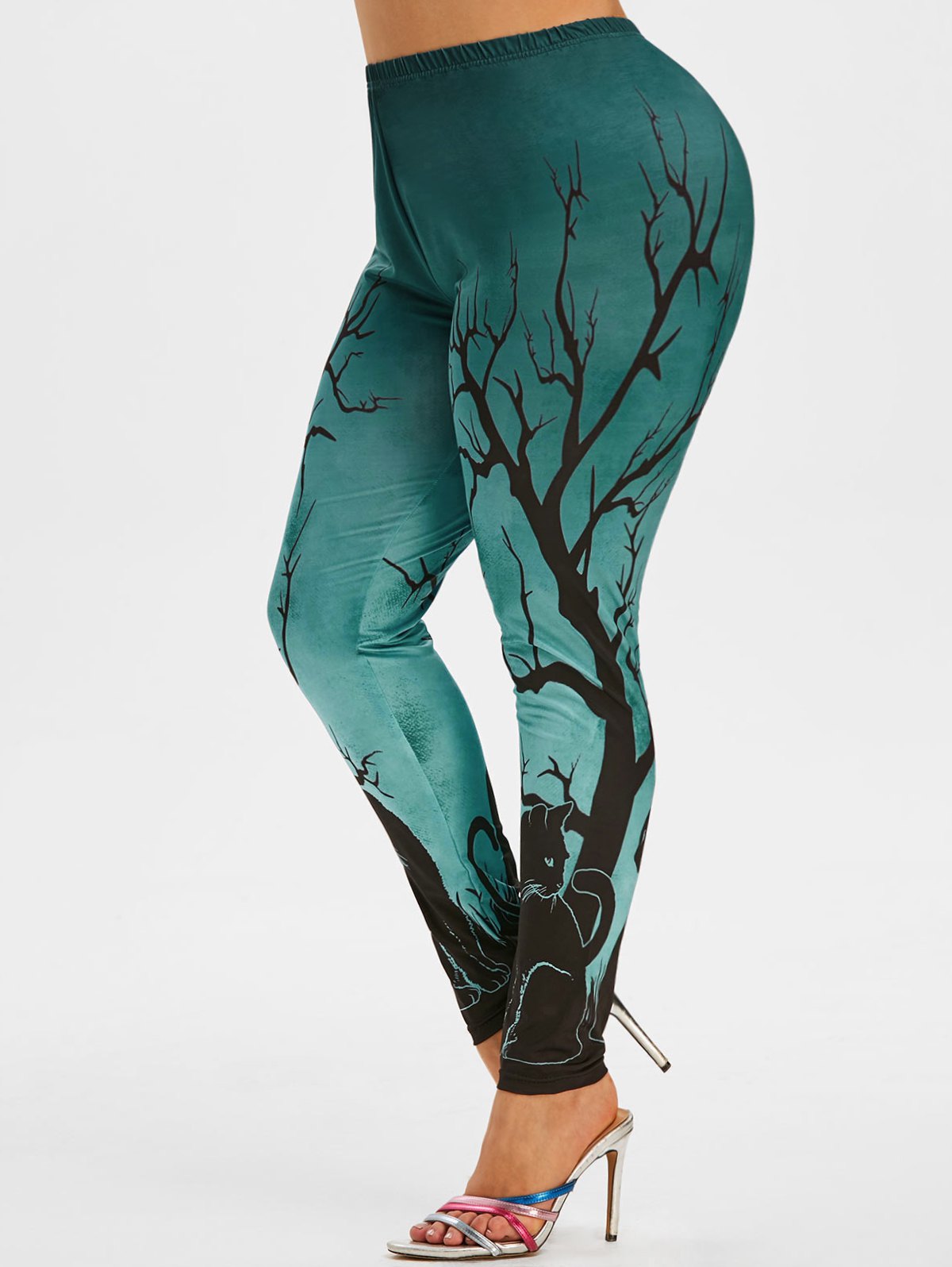 Black Cat Tree Print Halloween Plus Size Leggings