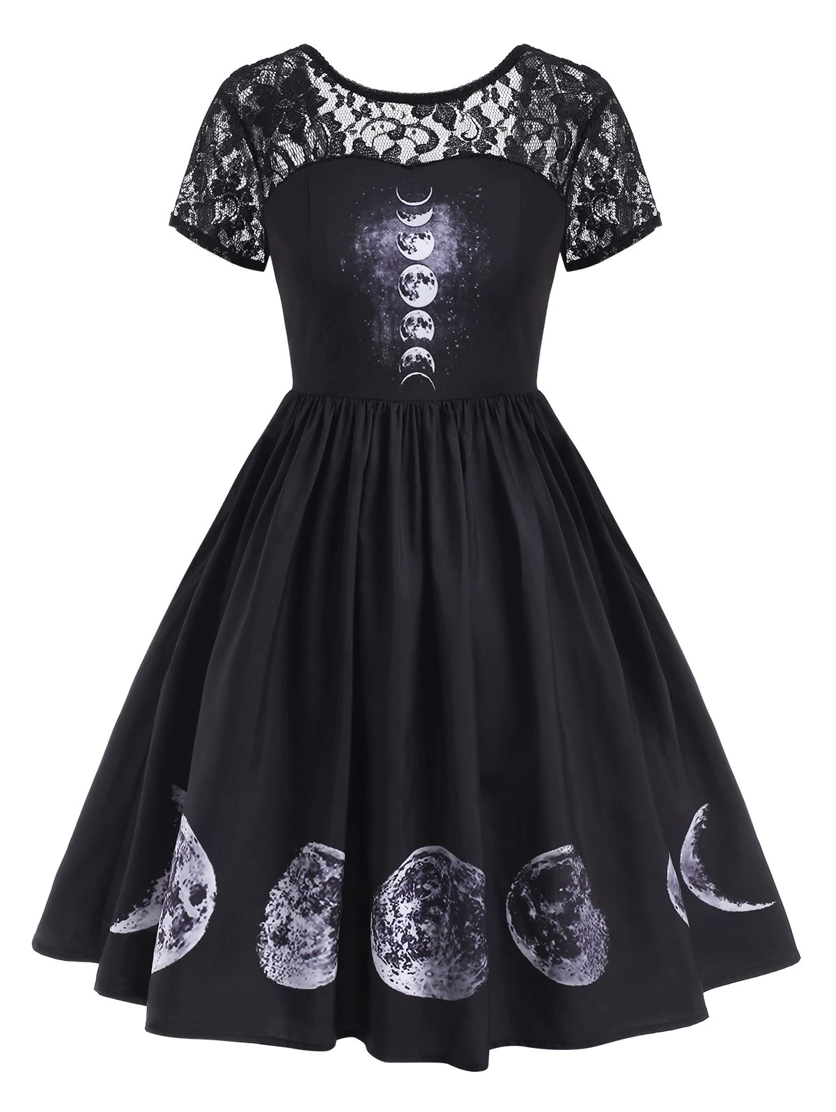 V-back Lace Panel Moon Print Halloween Plus Size Dress