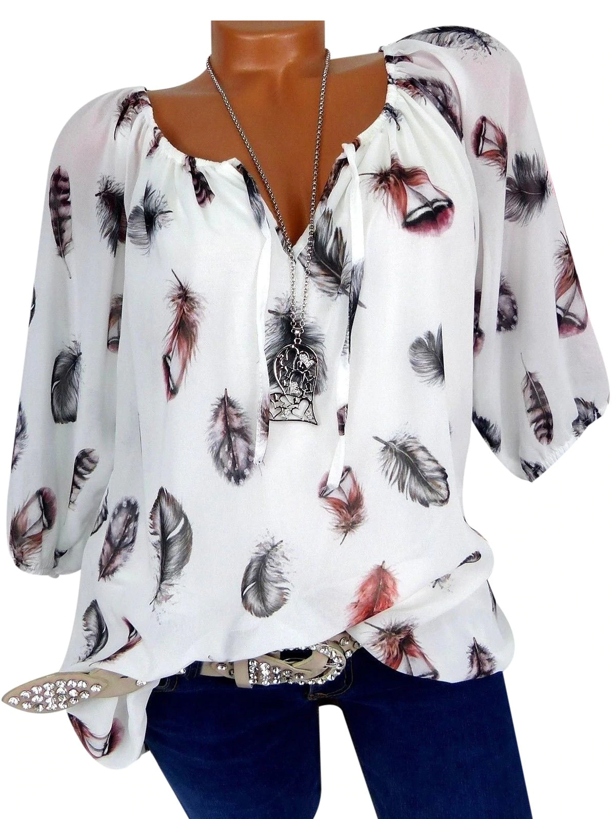 Plus Size Feather Print Tied Blouse