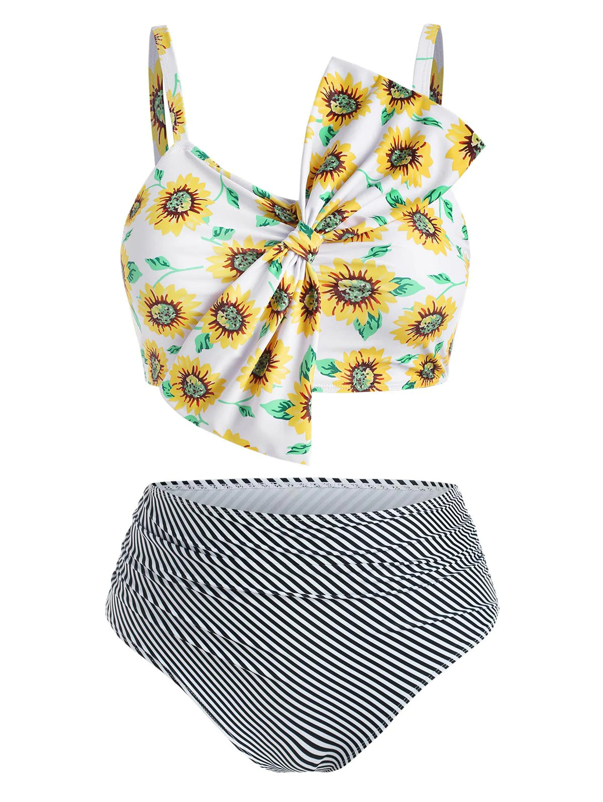 Plus Size Sunflower Print Bowknot Striped Tankini Swimwear