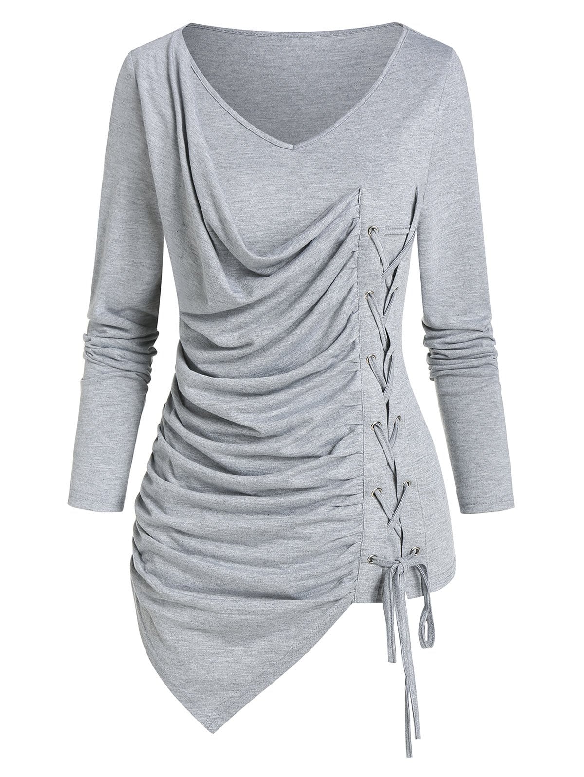 V Neck Lace Up Ruched Asymmetrical T Shirt