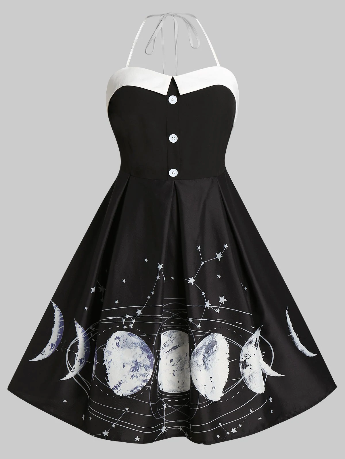 Plus Size Moon Star Halter Button Embellished Vintage Dress