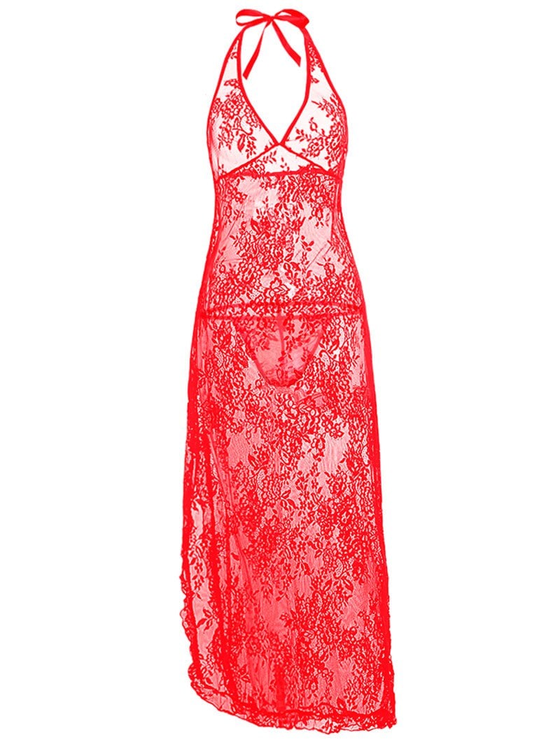 Plus Size See Thru Lace Halter Lingerie Wrap Dress