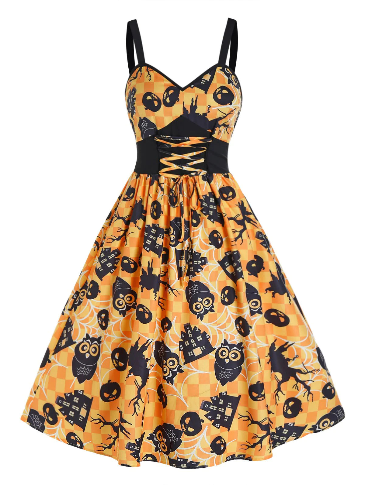 Halloween Pumpkin Plaid Print Tie Waist Cami Dress