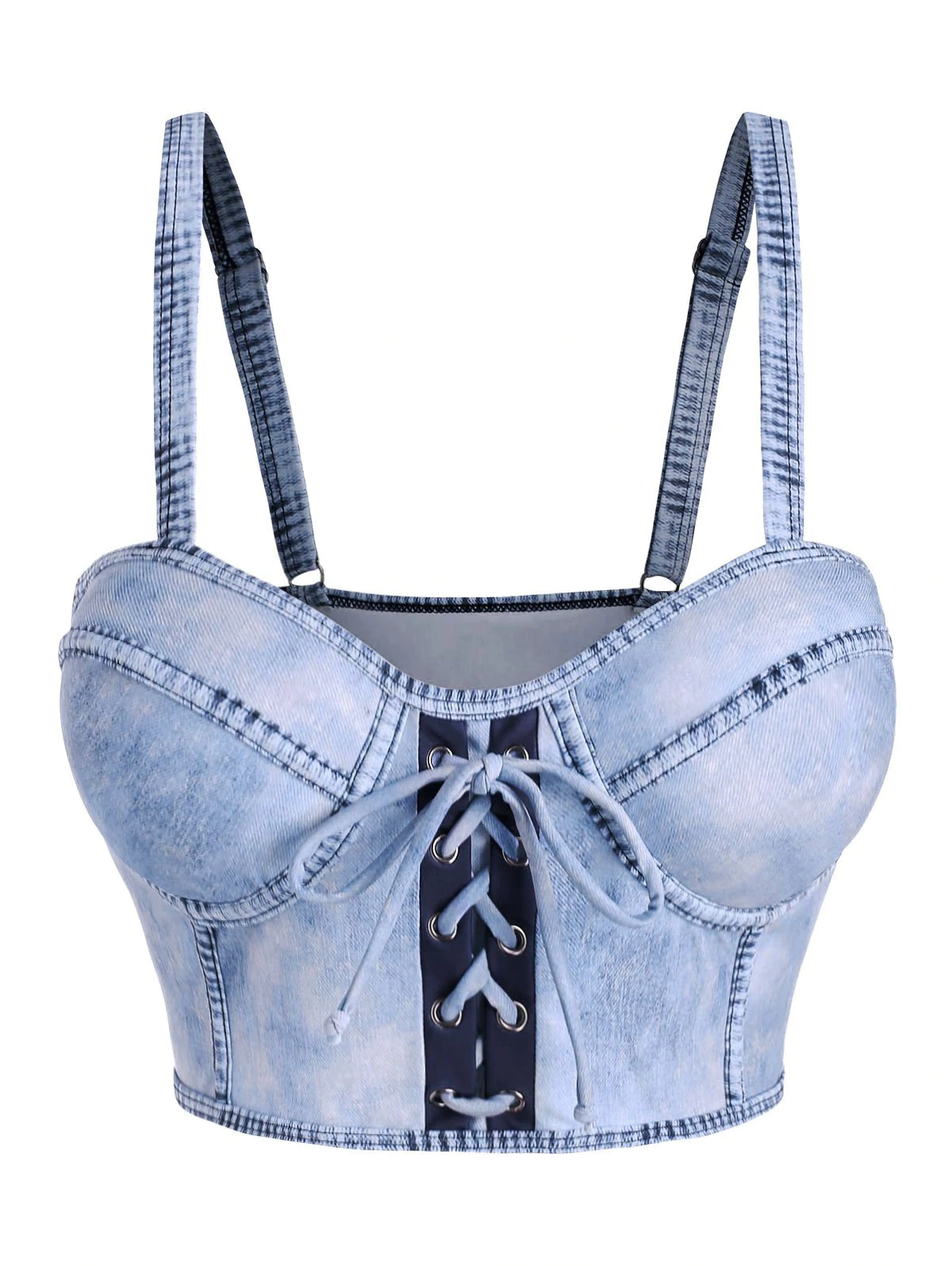 Denim Print Lace Up Moulded Swim Top