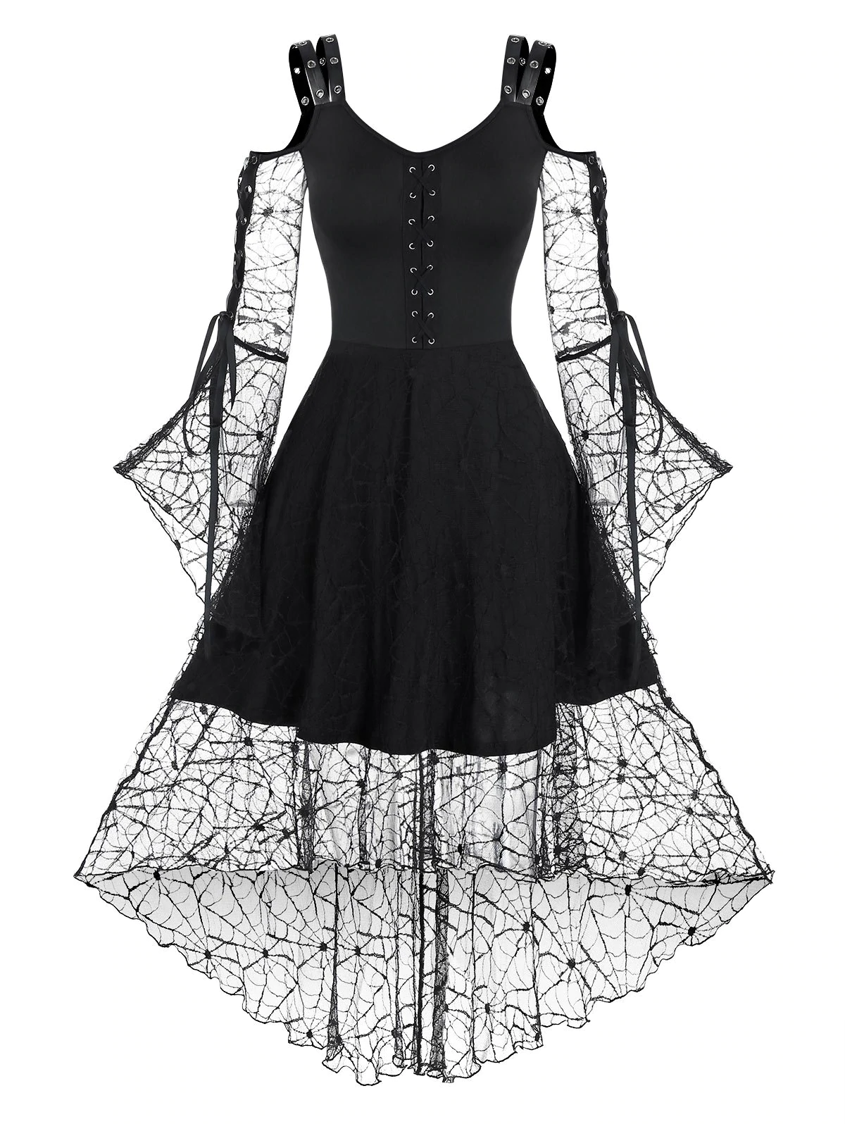 Lace-up Spider Web Lace High Low Gothic Dress