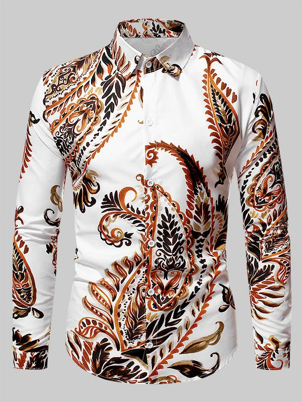 Long Sleeve Plant Leaf Print Casual Shirt