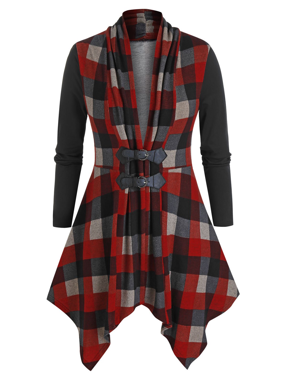 Plus Size Plaid Draped Hanky Hem Buckle Cardigan