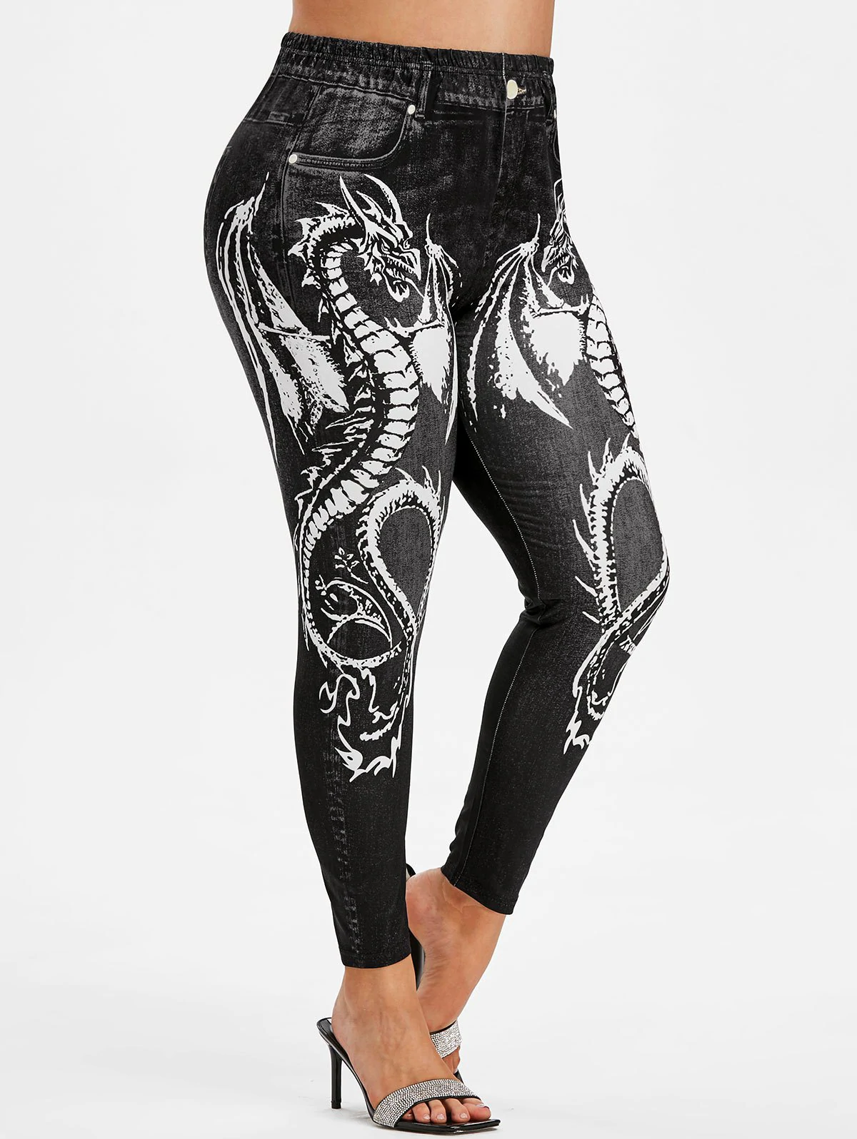 Plus Size Oriental Dragon Print Jeggings