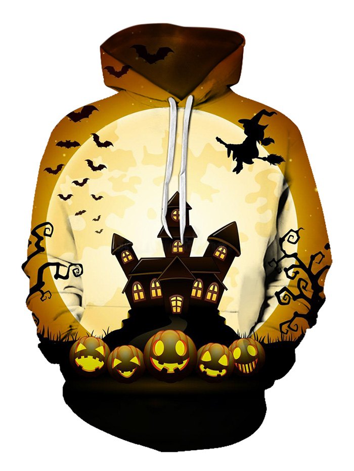 Halloween Moon Night Pattern Front Pocket Drawstring Hoodie