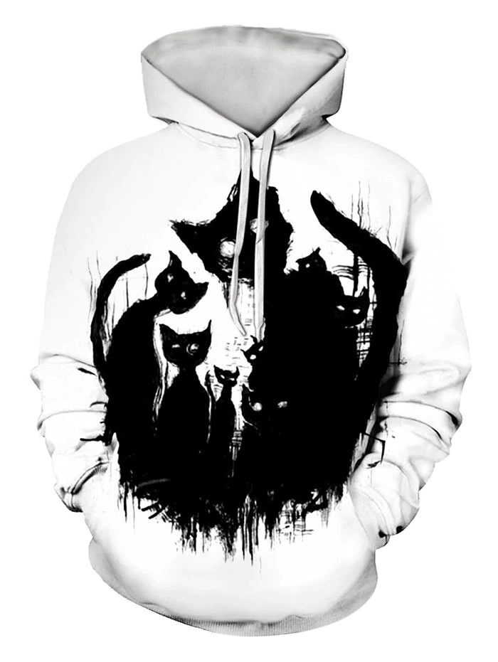 Contrast Cats Pattern Front Pocket Casual Hoodie