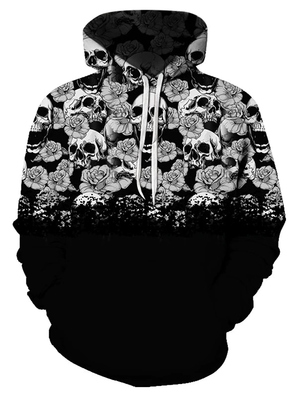 Digital Floral Skull Print Front Pocket Drawstring Hoodie