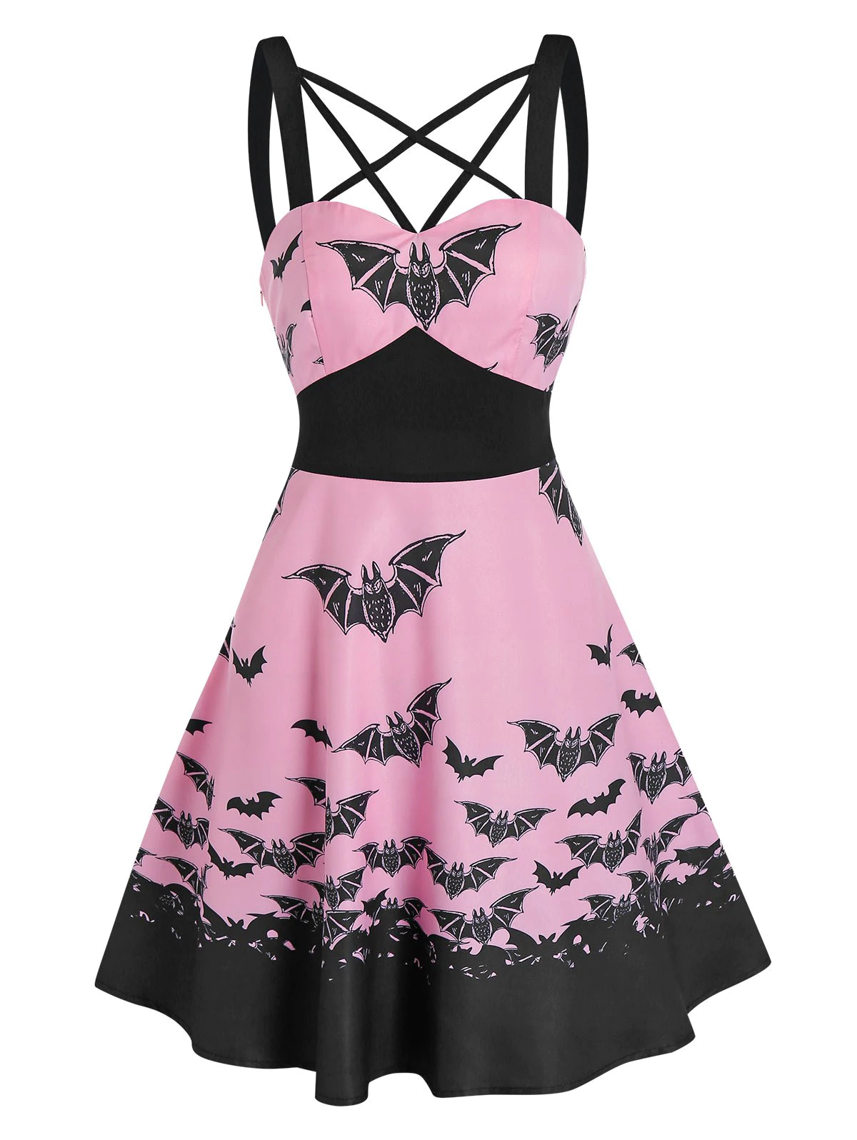 Front Strappy Bat Print High Waist Mini Cami Dress